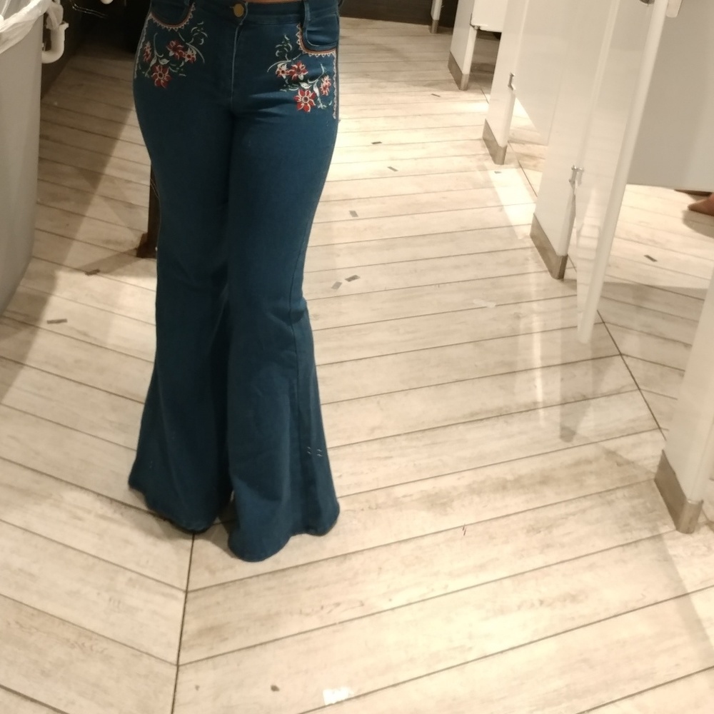 Bell bottom embroided denim jeans